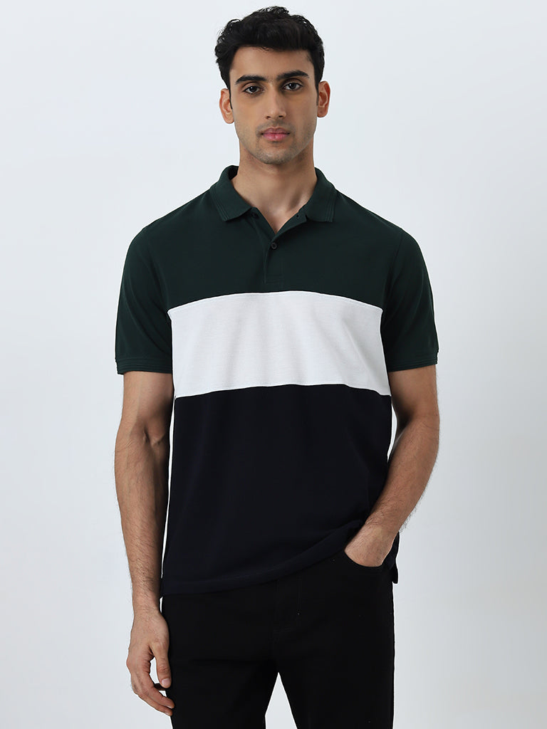 WES Casuals Dark Green Colour-Blocked Relaxed-Fit Polo T-Shirt