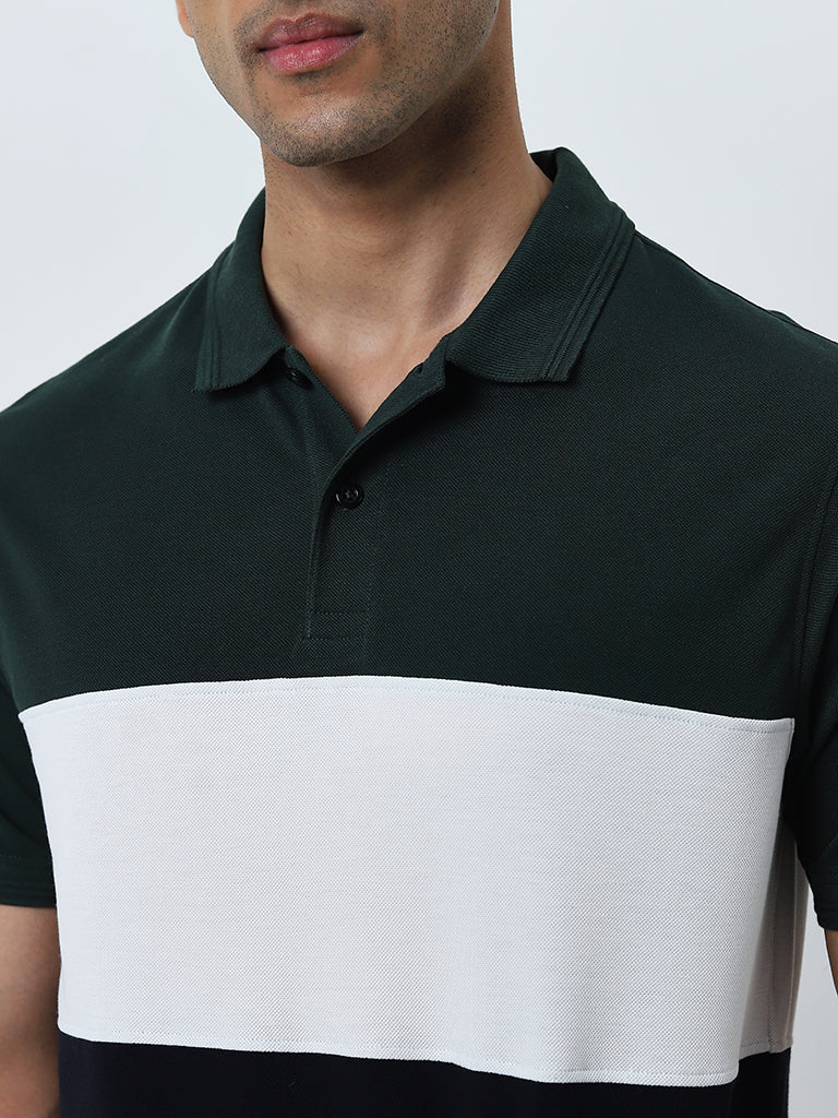 WES Casuals Dark Green Colour-Blocked Relaxed-Fit Polo T-Shirt