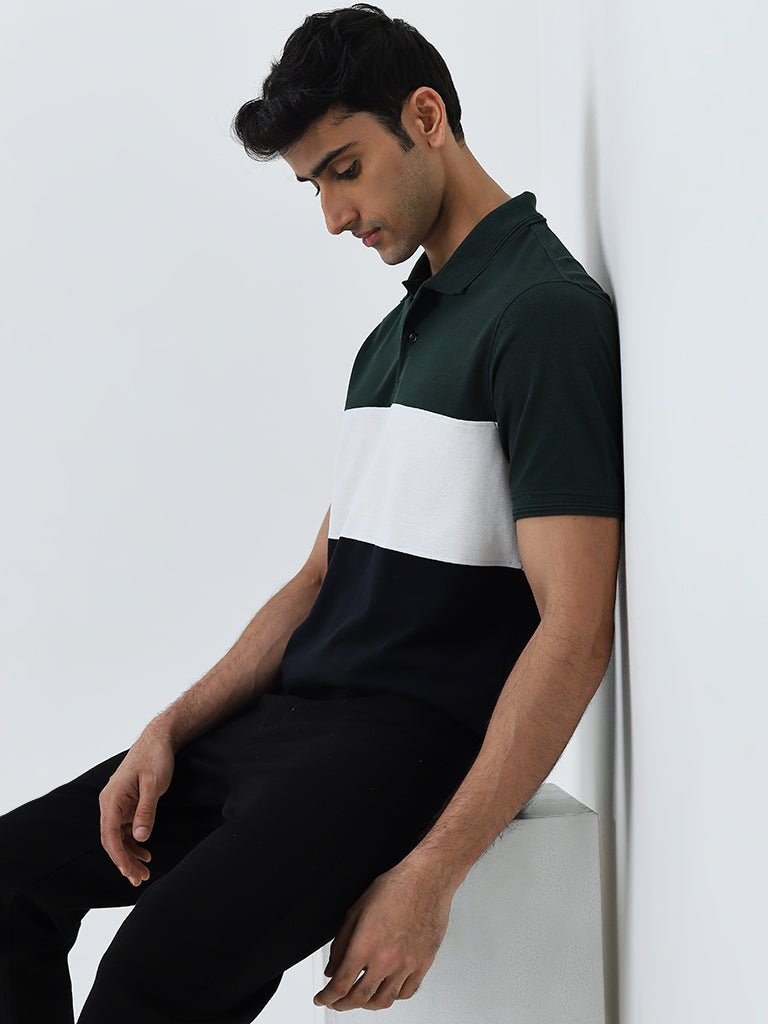 WES Casuals Dark Green Colour-Blocked Relaxed-Fit Polo T-Shirt