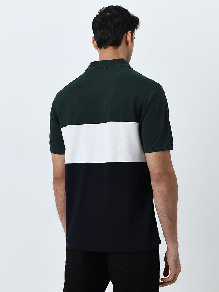 WES Casuals Dark Green Colour-Blocked Relaxed-Fit Polo T-Shirt