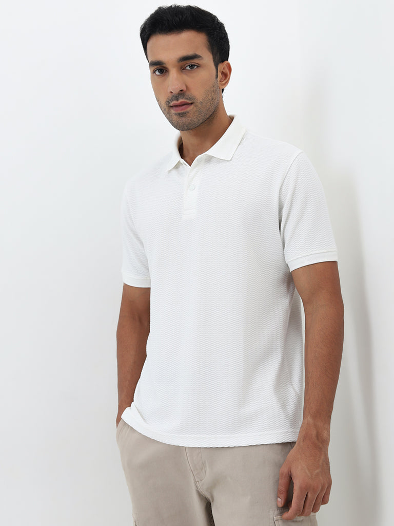 WES Casuals Off-White Textured Relaxed-Fit Polo T-Shirt