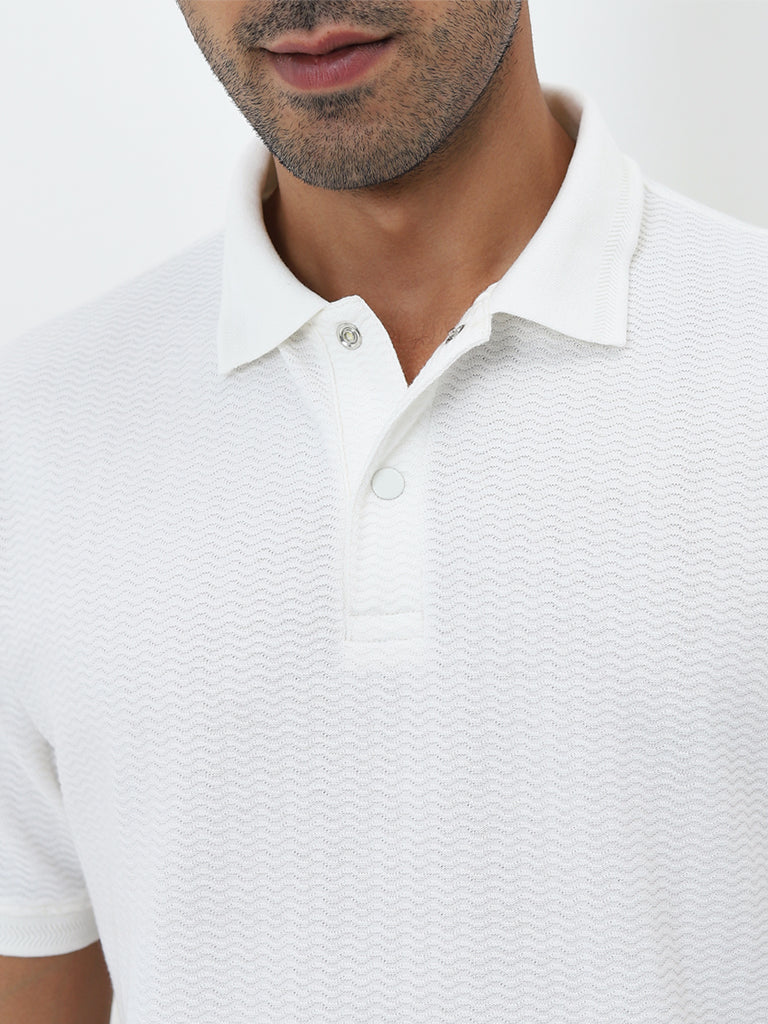 WES Casuals Off-White Textured Relaxed-Fit Polo T-Shirt