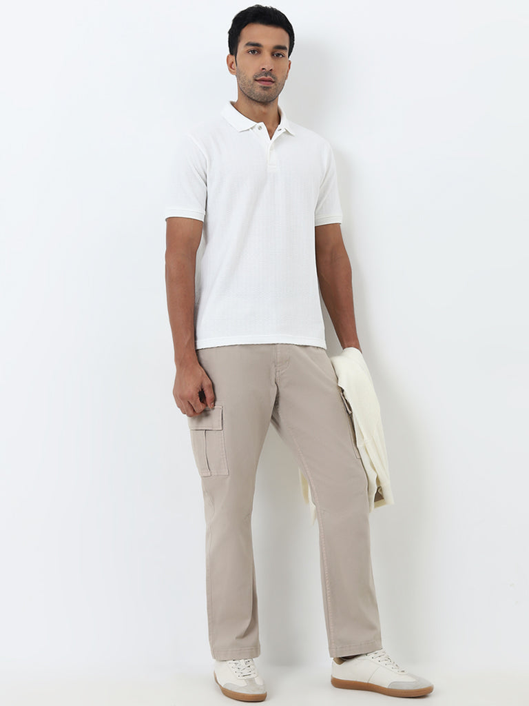 WES Casuals Off-White Textured Relaxed-Fit Polo T-Shirt