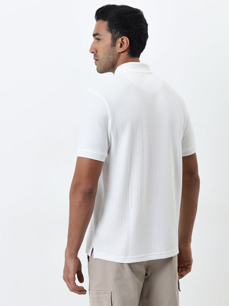 WES Casuals Off-White Textured Relaxed-Fit Polo T-Shirt