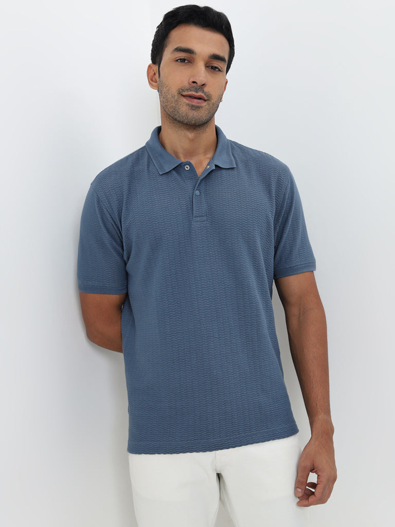 WES Casuals Dusty Blue Textured Relaxed-Fit Polo T-Shirt