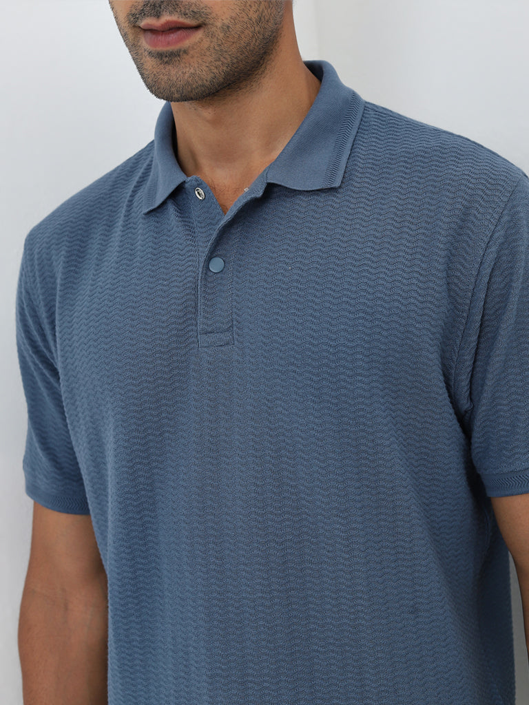 WES Casuals Dusty Blue Textured Relaxed-Fit Polo T-Shirt