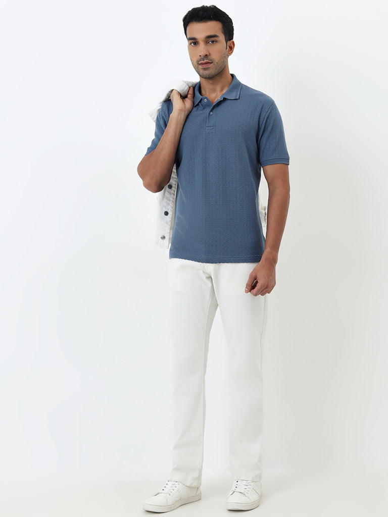 WES Casuals Dusty Blue Textured Relaxed-Fit Polo T-Shirt