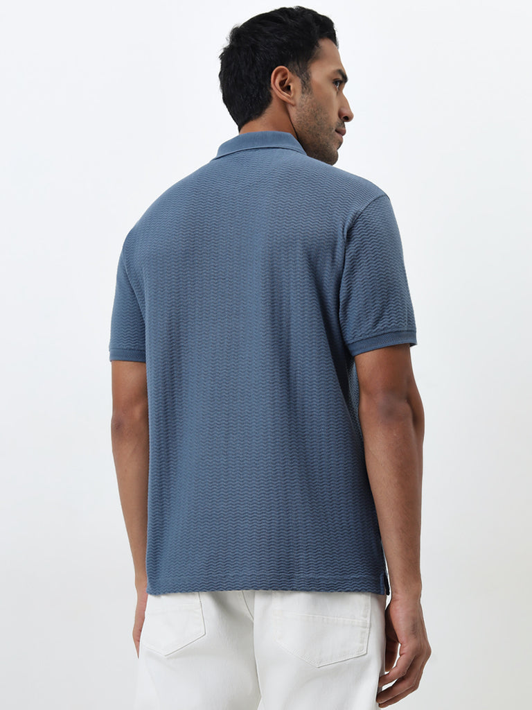 WES Casuals Dusty Blue Textured Relaxed-Fit Polo T-Shirt