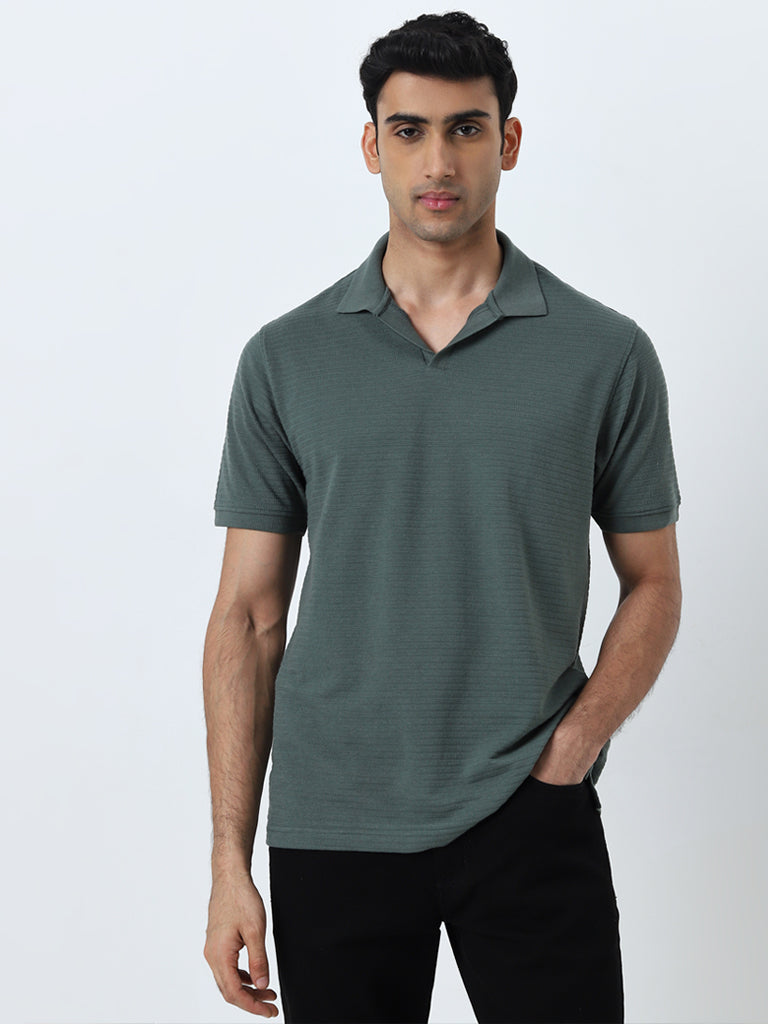 WES Casuals Olive Textured Relaxed-Fit Polo T-Shirt