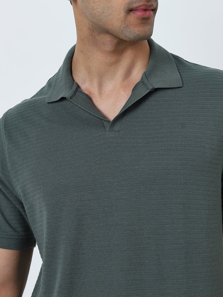 WES Casuals Olive Textured Relaxed-Fit Polo T-Shirt