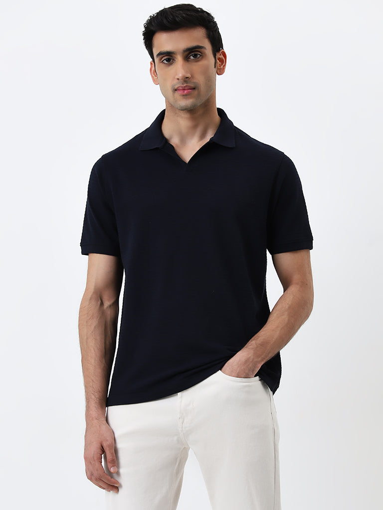 WES Casuals Navy Self-Stripe Relaxed-Fit Polo T-Shirt