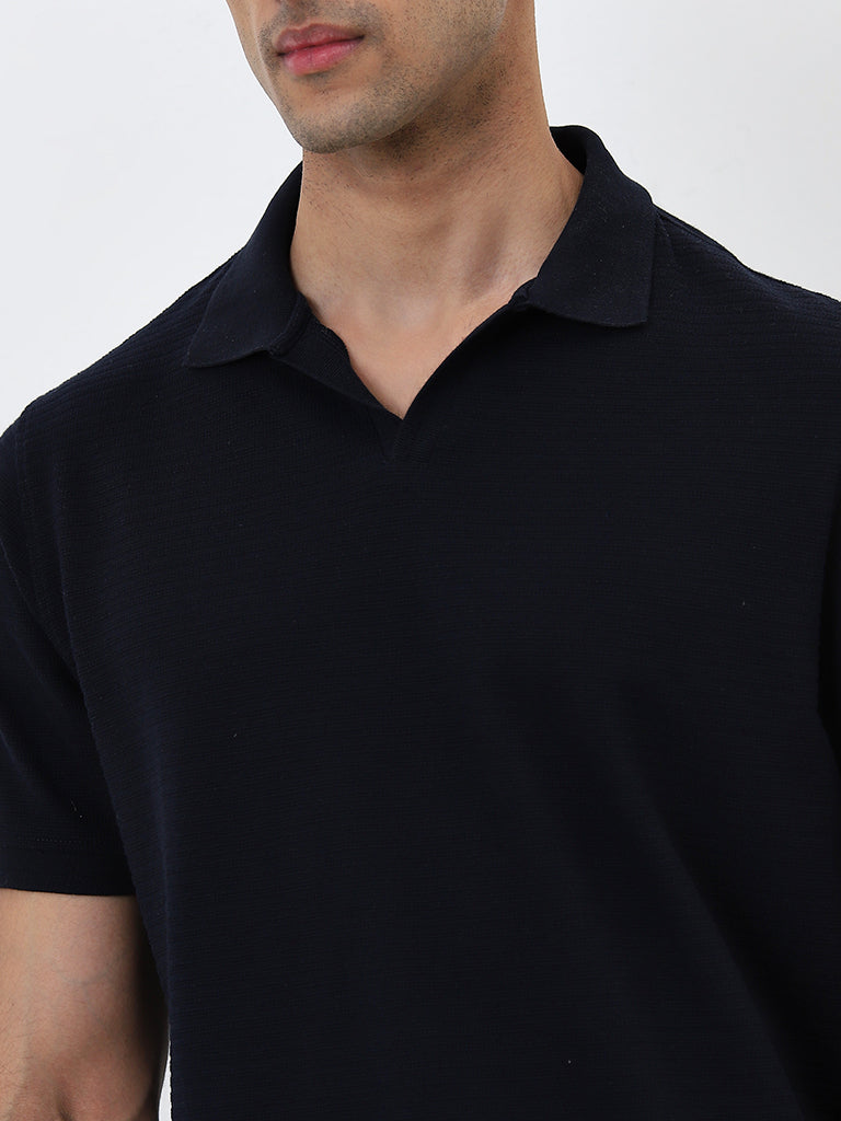 WES Casuals Navy Self-Stripe Relaxed-Fit Polo T-Shirt