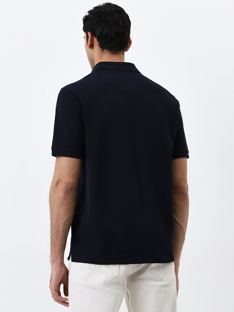 WES Casuals Navy Self-Stripe Relaxed-Fit Polo T-Shirt