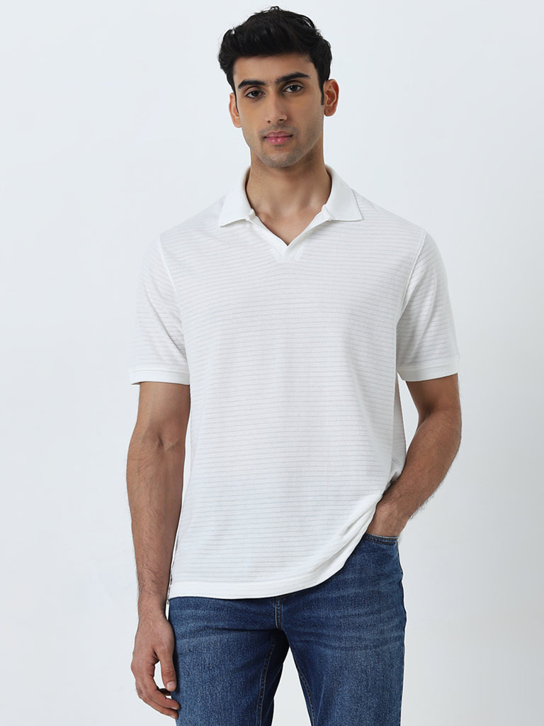 WES Casuals White Textured Relaxed-Fit Polo T-Shirt