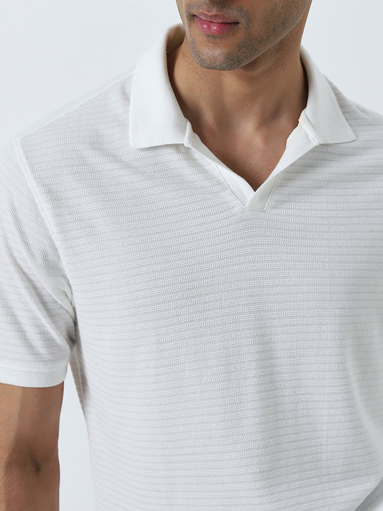 WES Casuals White Textured Relaxed-Fit Polo T-Shirt