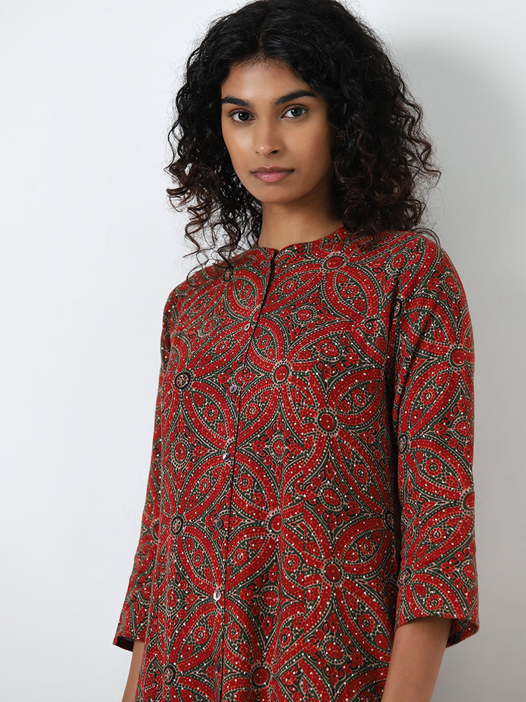 Utsa Maroon Printed A-Line Kurta