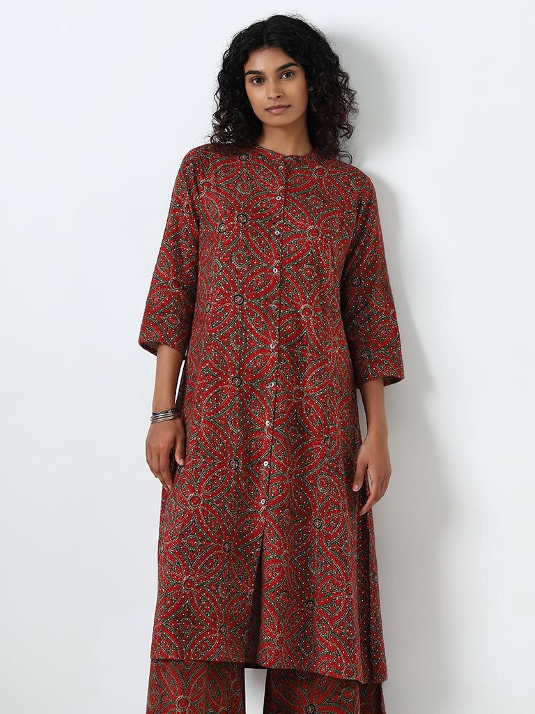 Utsa Maroon Printed A-Line Kurta