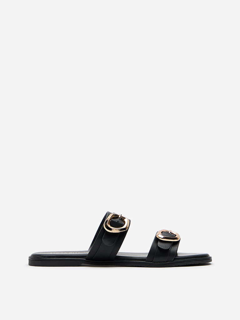 LUNA BLU Black Dual-Strap Slip-On Sandals