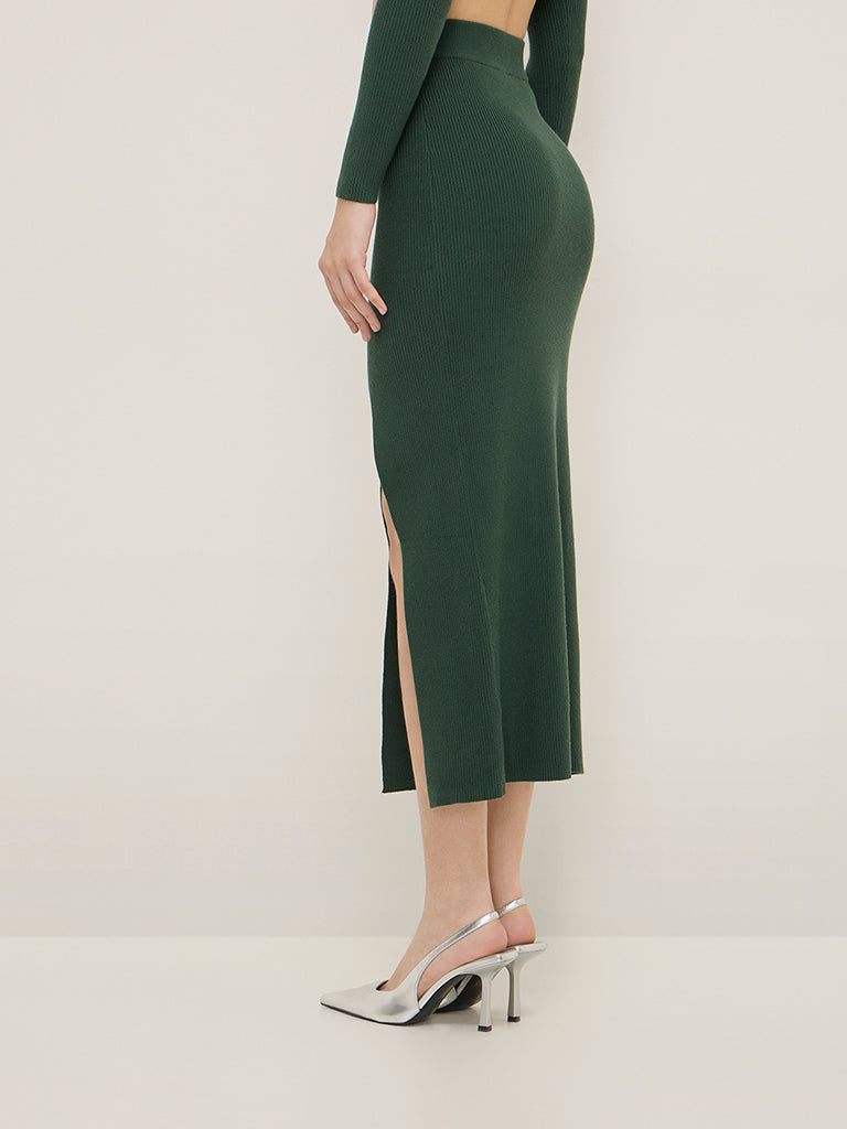 Nuon Dark Green Ribbed Textured High-Rise Cotton-Blend Skirt