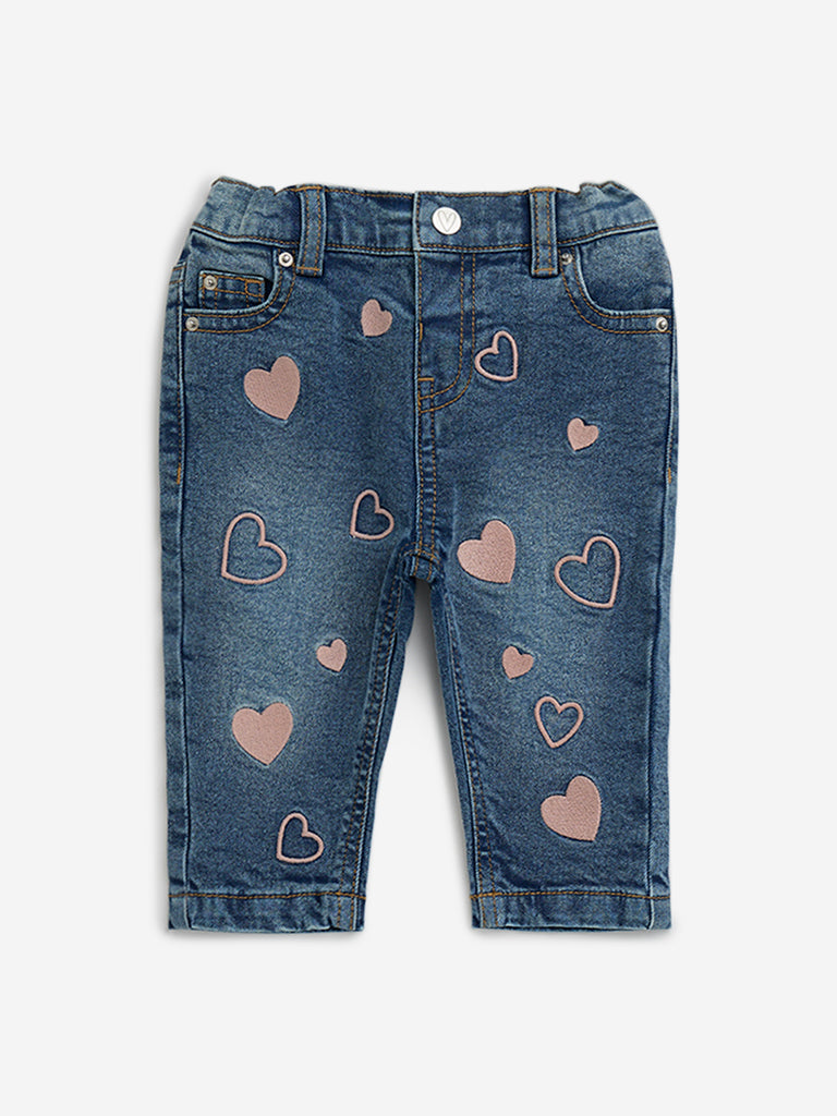 HOP Baby Blue Heart Embroidered Relaxed - Fit High - Rise Jeans