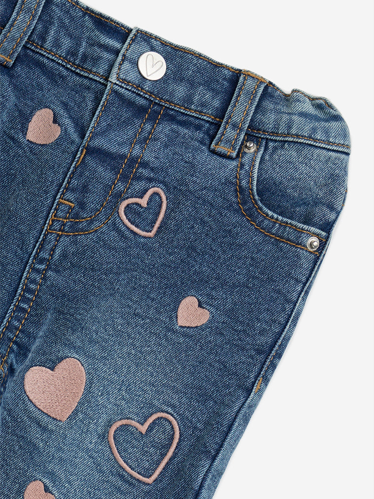 HOP Baby Blue Heart Embroidered Relaxed - Fit High - Rise Jeans