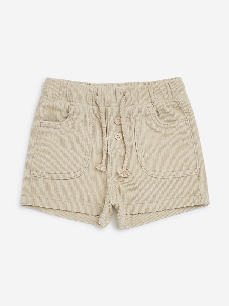 HOP Baby Beige Ribbed Mid-Rise Cotton Blend Shorts