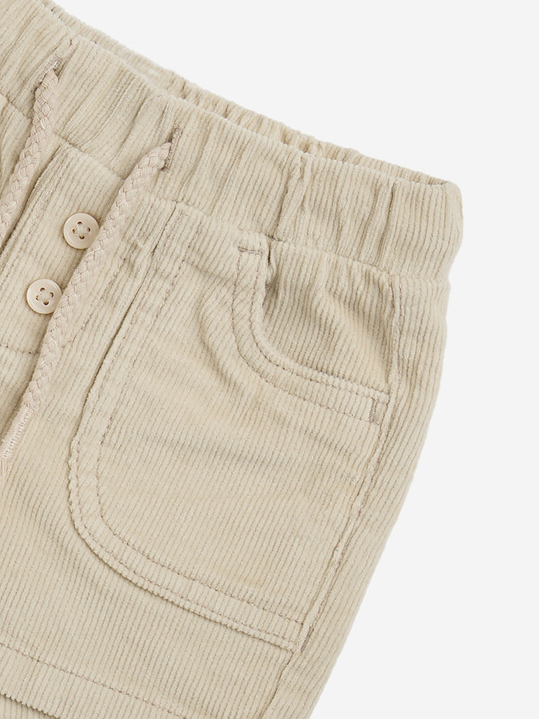 HOP Baby Beige Ribbed Mid-Rise Cotton Blend Shorts