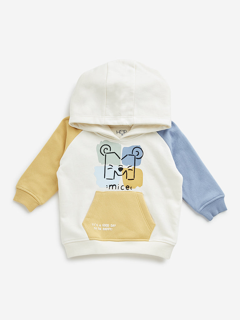 HOP Baby Off-White Colour-Blocked Cotton Blend Sweatshirt