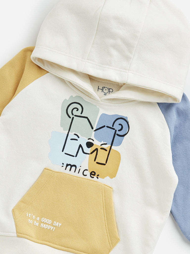 HOP Baby Off-White Colour-Blocked Cotton Blend Sweatshirt