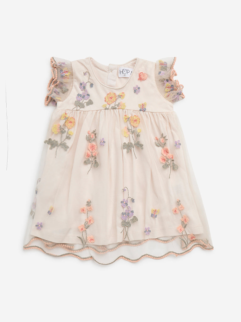 HOP Baby Beige Floral Embroidered Empire Line Dress