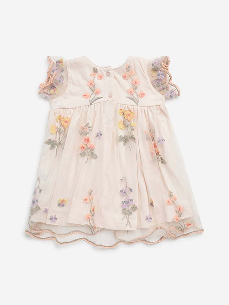 HOP Baby Beige Floral Embroidered Empire Line Dress