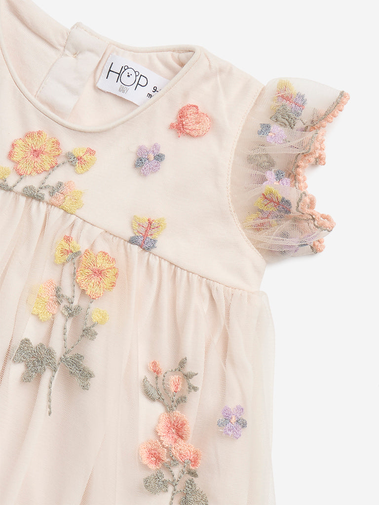 HOP Baby Beige Floral Embroidered Empire Line Dress