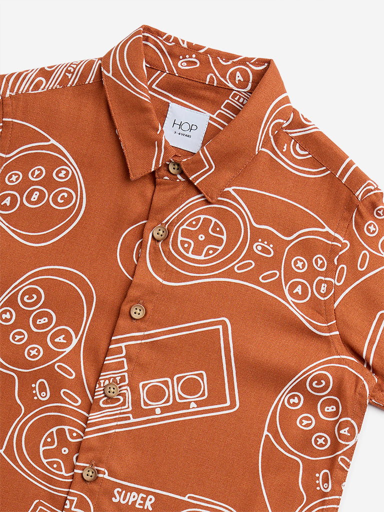 HOP Kids Brown Gaming Console Printed Shirt