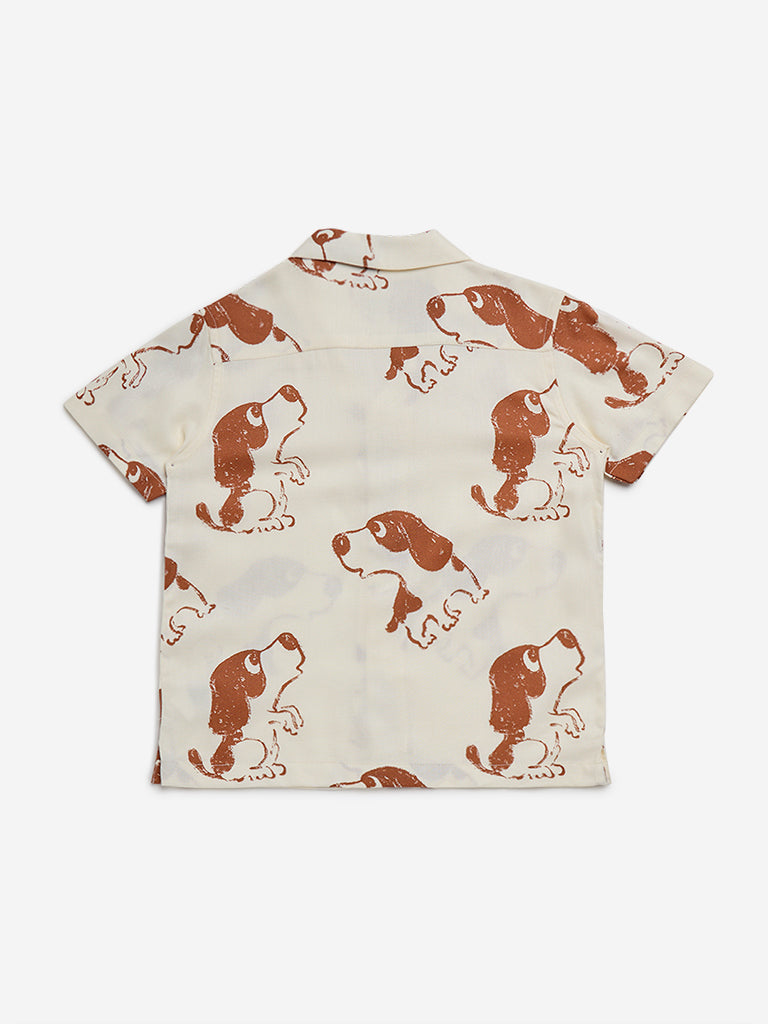 HOP Kids Beige Animal Printed Resort-Fit Shirt