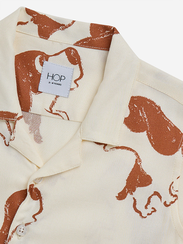 HOP Kids Beige Animal Printed Resort-Fit Shirt