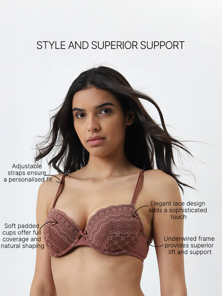 Wunderlove Light Brown Lace-Designed Padded and Wired Bra