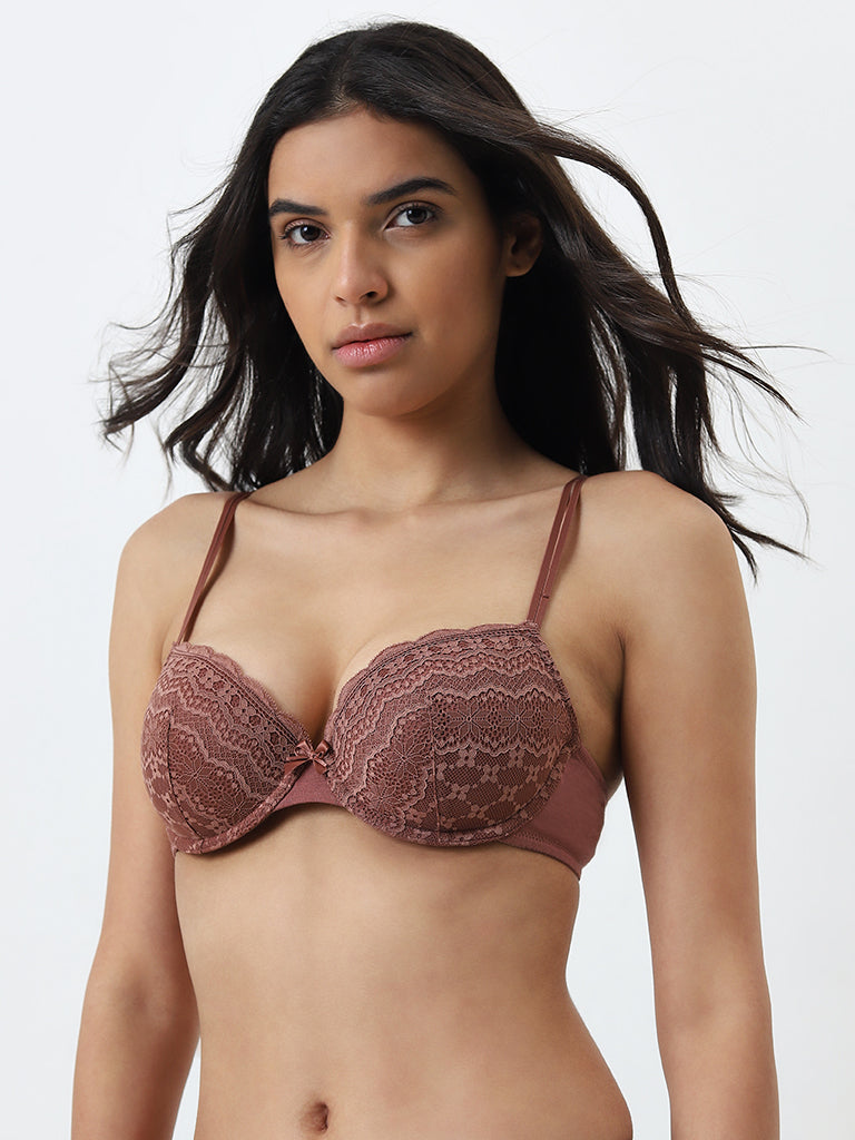 Wunderlove Light Brown Lace-Designed Padded and Wired Bra