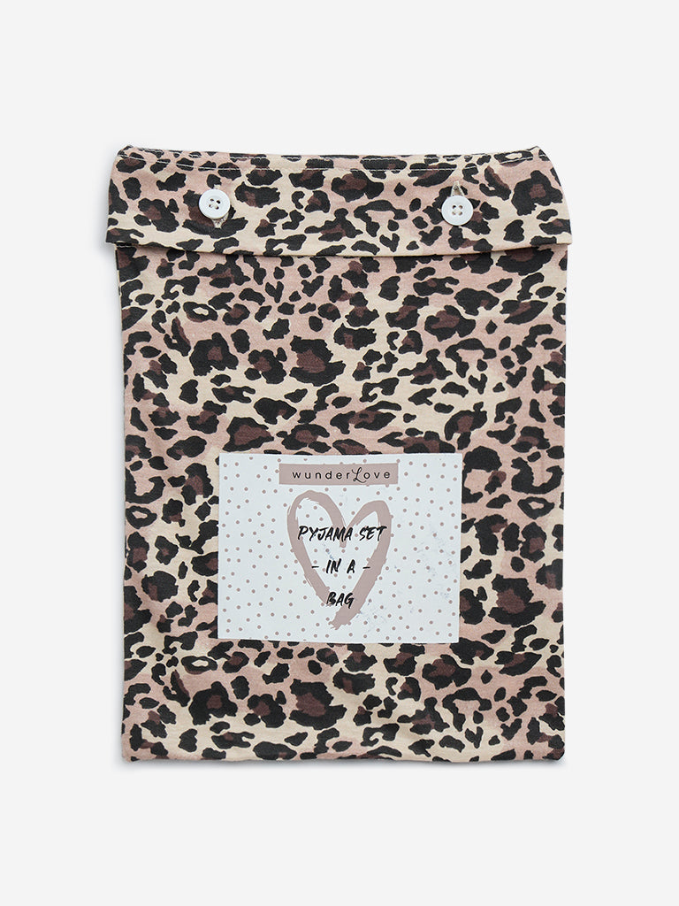 Wunderlove Beige Animal Printed Cotton Pyjamas Set in A Bag