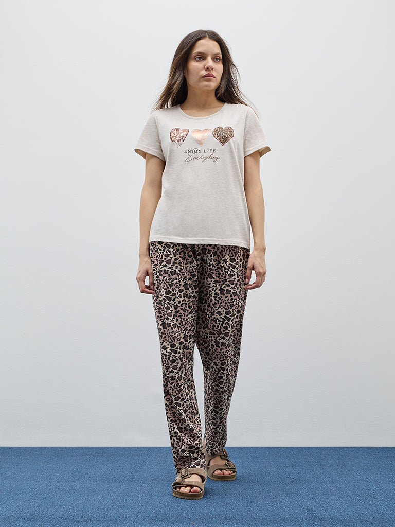 Wunderlove Beige Animal Printed Cotton Pyjamas Set in A Bag