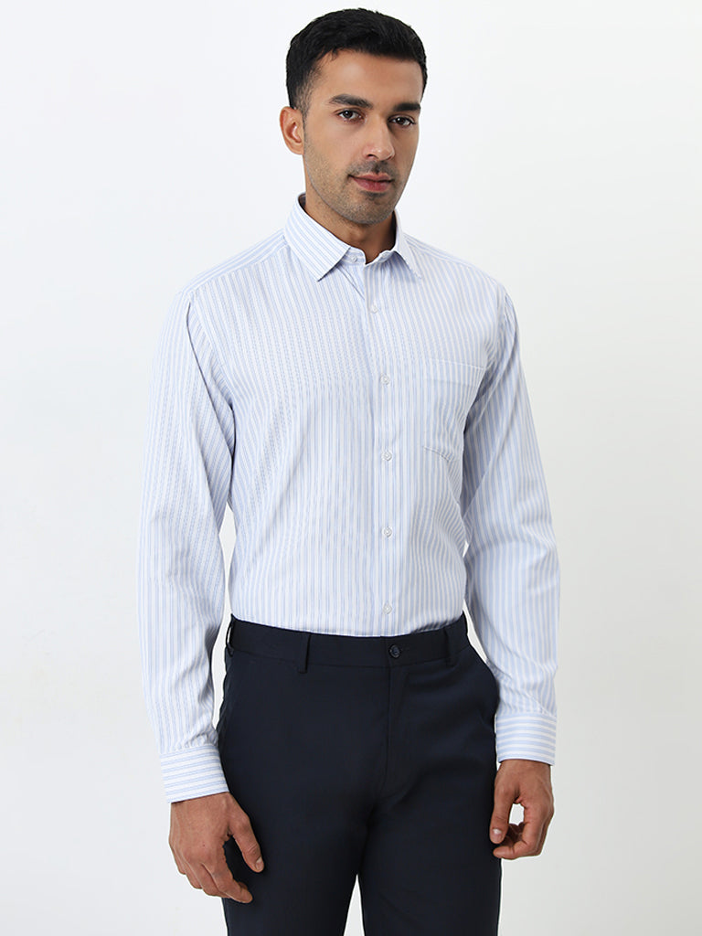 WES Formals Blue Stripe Pattern Relaxed-Fit Shirt