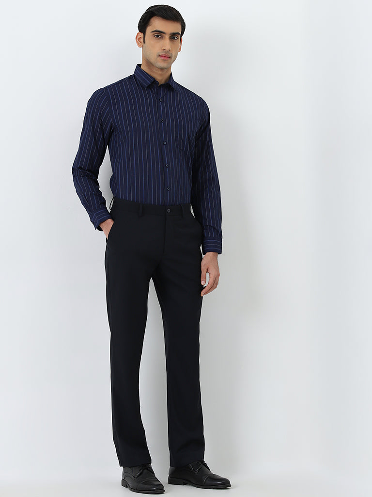 WES Formals Navy Striped Slim-Fit Shirt