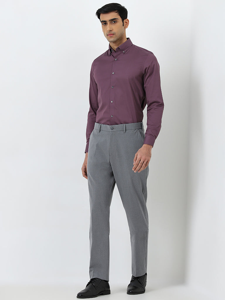 WES Formals Mauve Solid Slim-Fit Cotton Blend Shirt