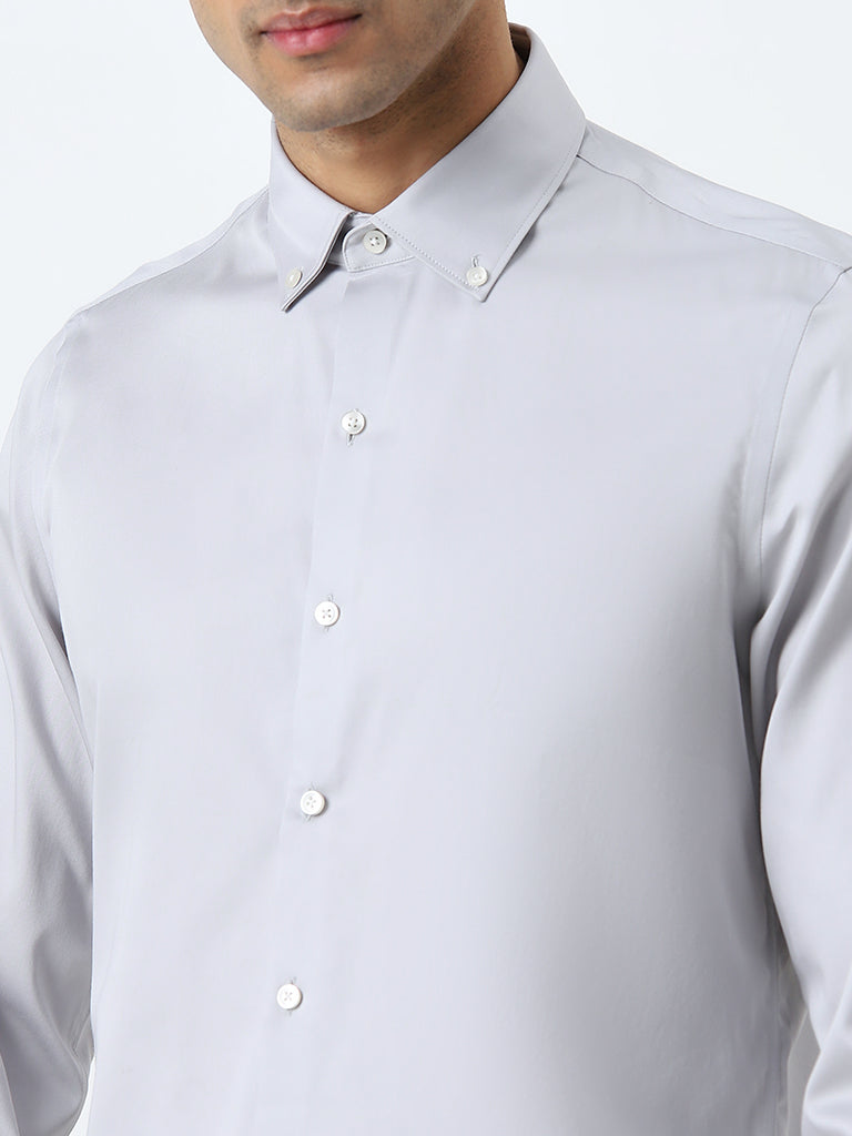 WES Formals Grey Solid Slim-Fit Cotton Blend Shirt