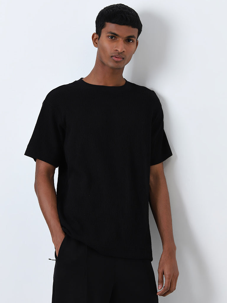 Studiofit Black Textured Relaxed-Fit T-Shirt