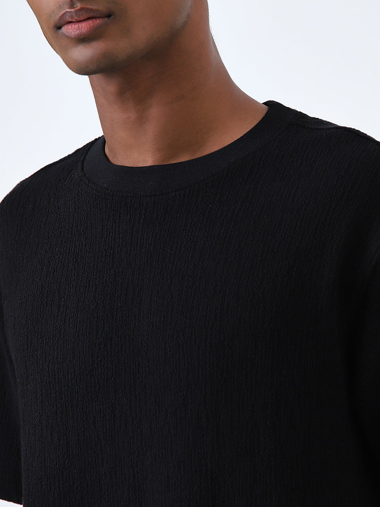 Studiofit Black Textured Relaxed-Fit T-Shirt