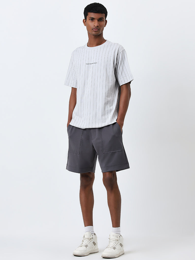 Studiofit Light Grey Striped Relaxed-Fit Cotton T-Shirt