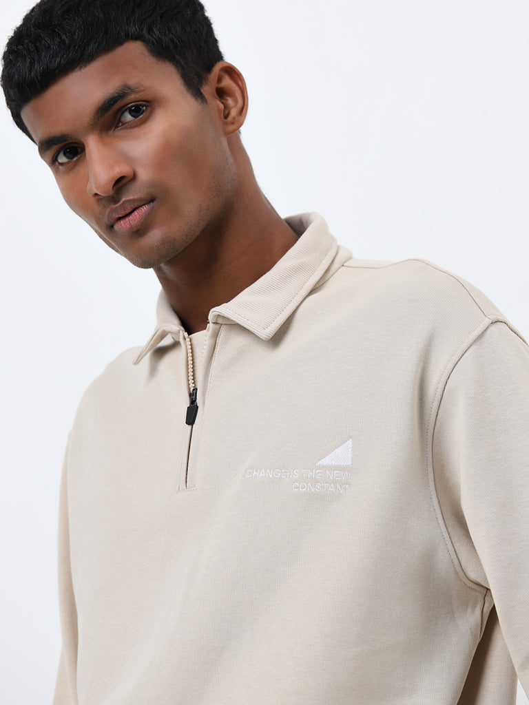 Studiofit Beige Text Design Relaxed-Fit Sweatshirt