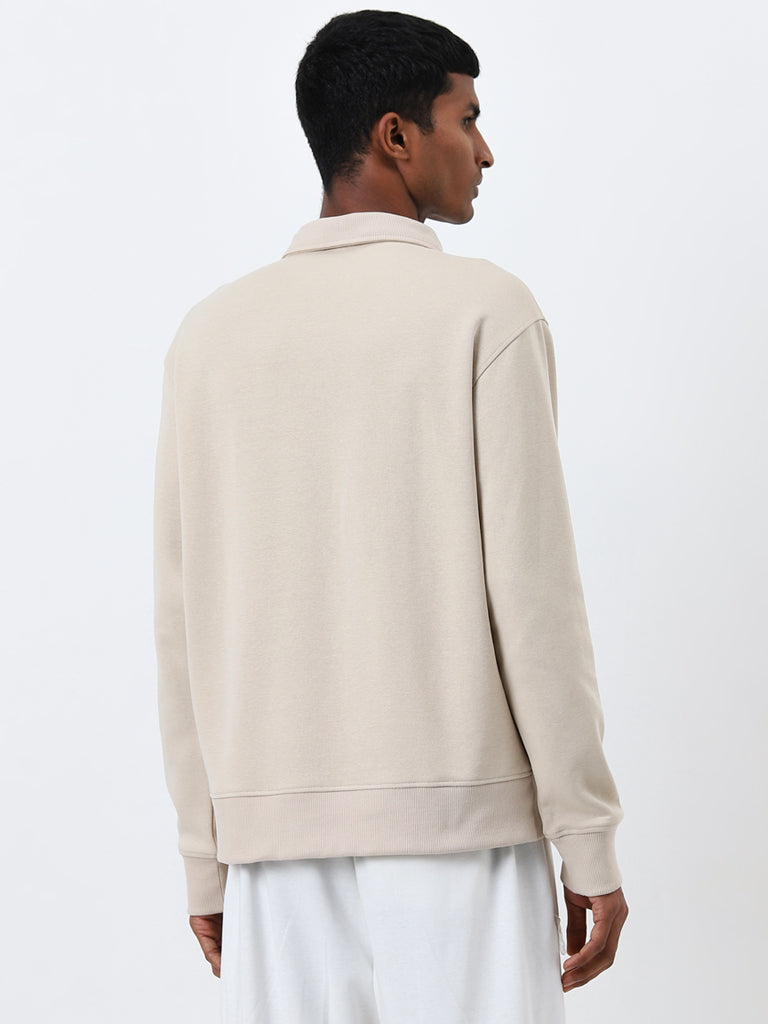 Studiofit Beige Text Design Relaxed-Fit Sweatshirt