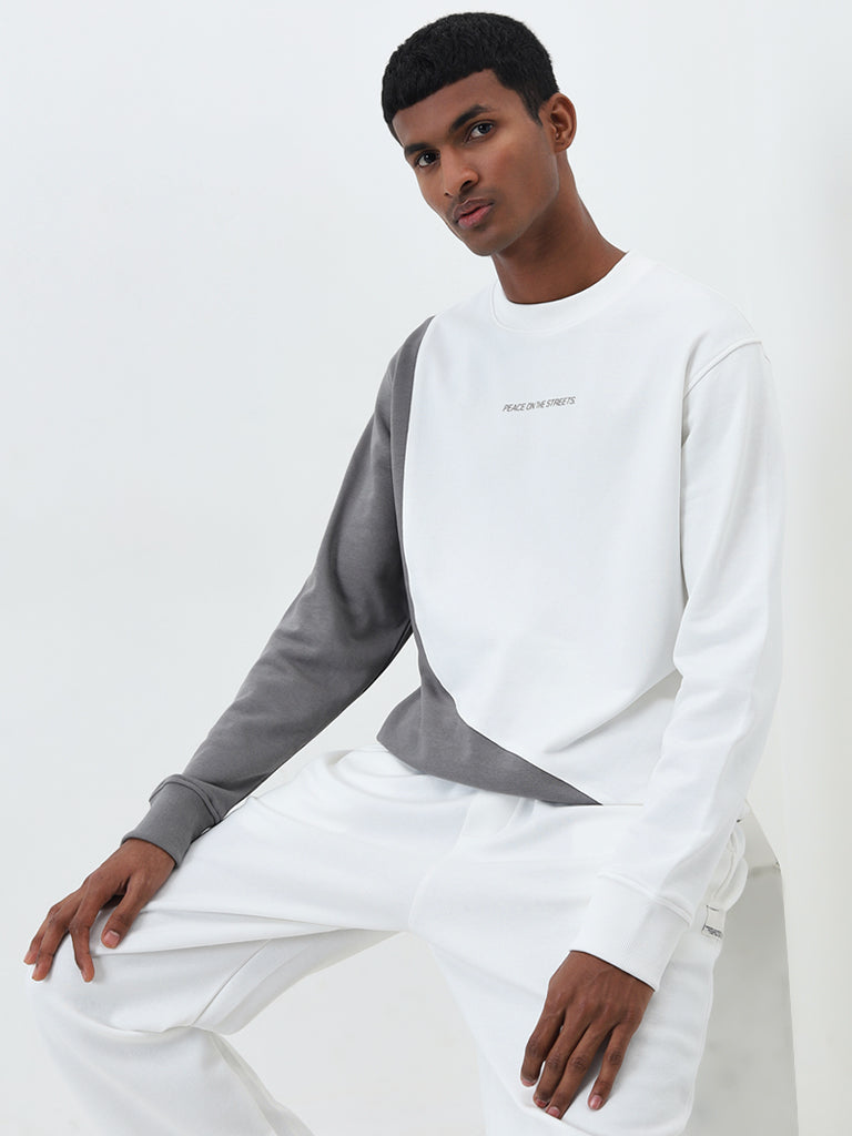 Studiofit White Relaxed-Fit Cotton Blend Sweatshirt