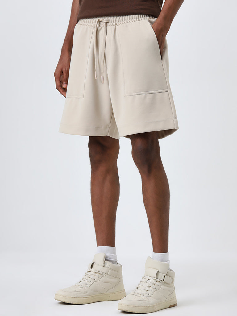 Studiofit Beige Relaxed-Fit Mid-Rise Shorts